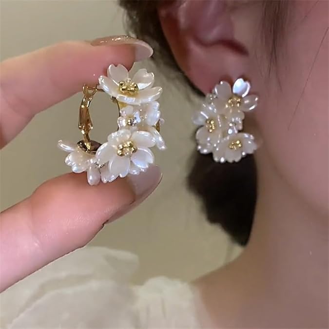Elegant White Flower Hoop Earrings