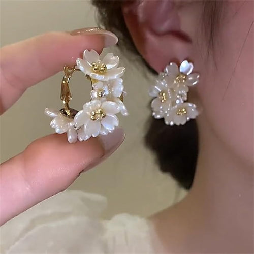 Elegant White Flower Hoop Earrings