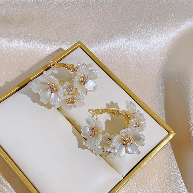 Elegant White Flower Hoop Earrings